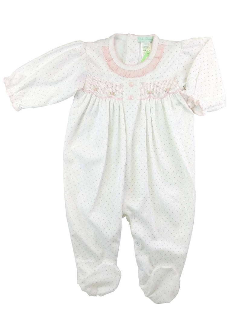Sweet Pink Dots hand smocked footie front