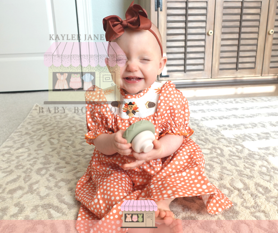 Smocked Thanksgiving Turkey Embroidery Polka Dot Dress